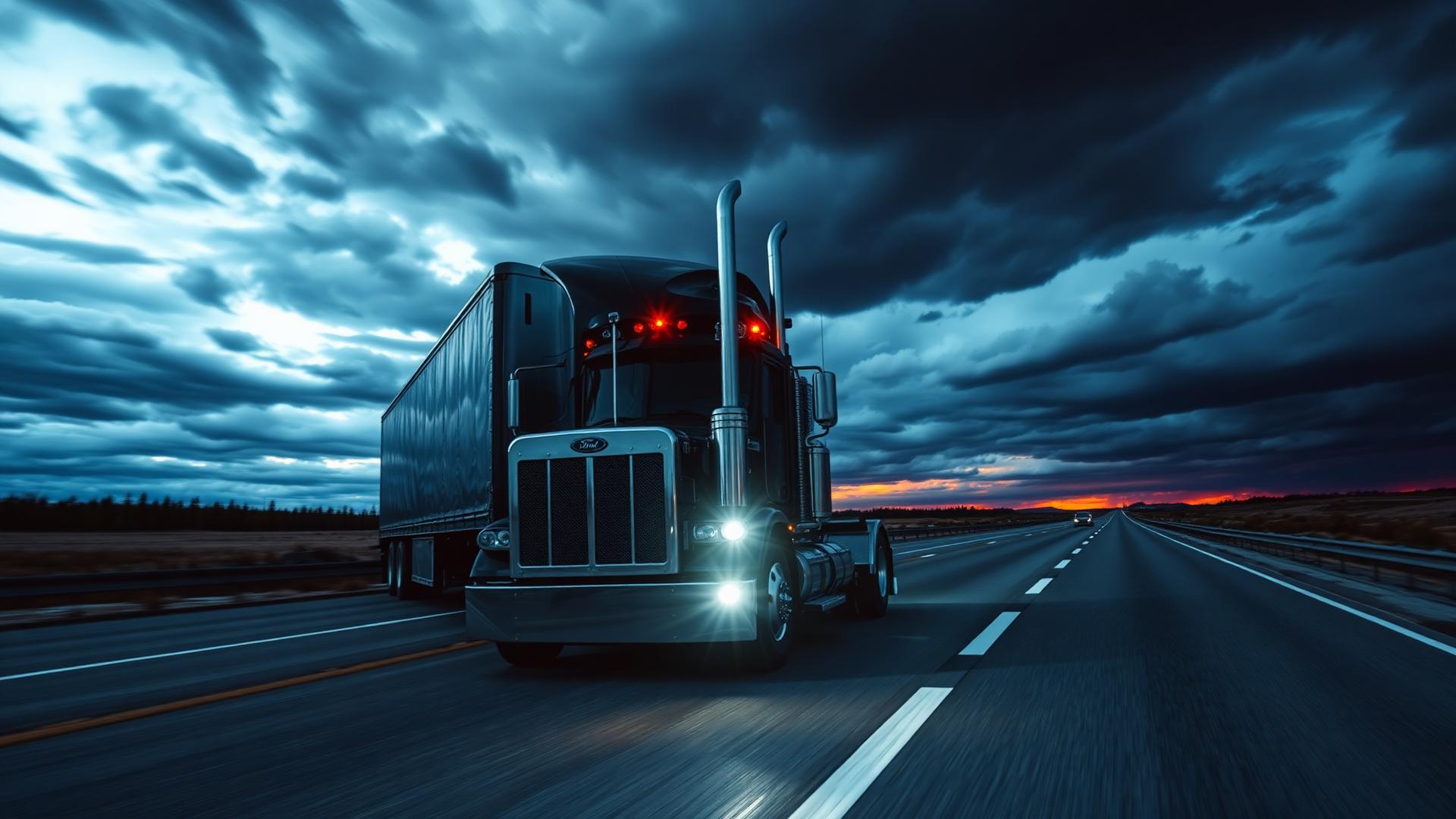 Heavy-duty truck driving on the highway at dusk
